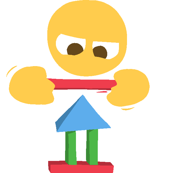 an emoji-yellow person with a focused expression carefully balancing a long red wooden block onto a structure of colorful wooden block toys